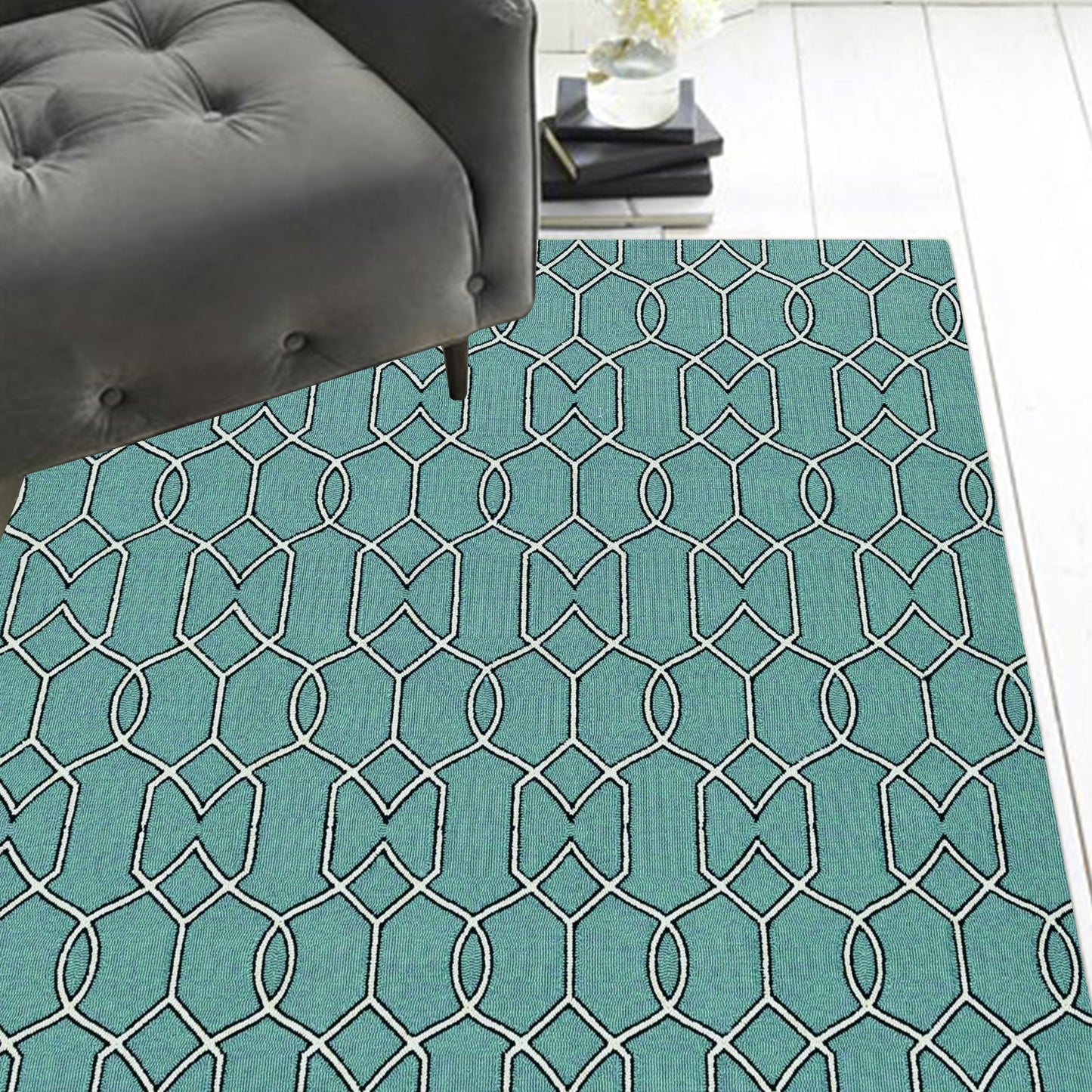 3' X 5' Green and Ivory Hand Hooked Area Rug