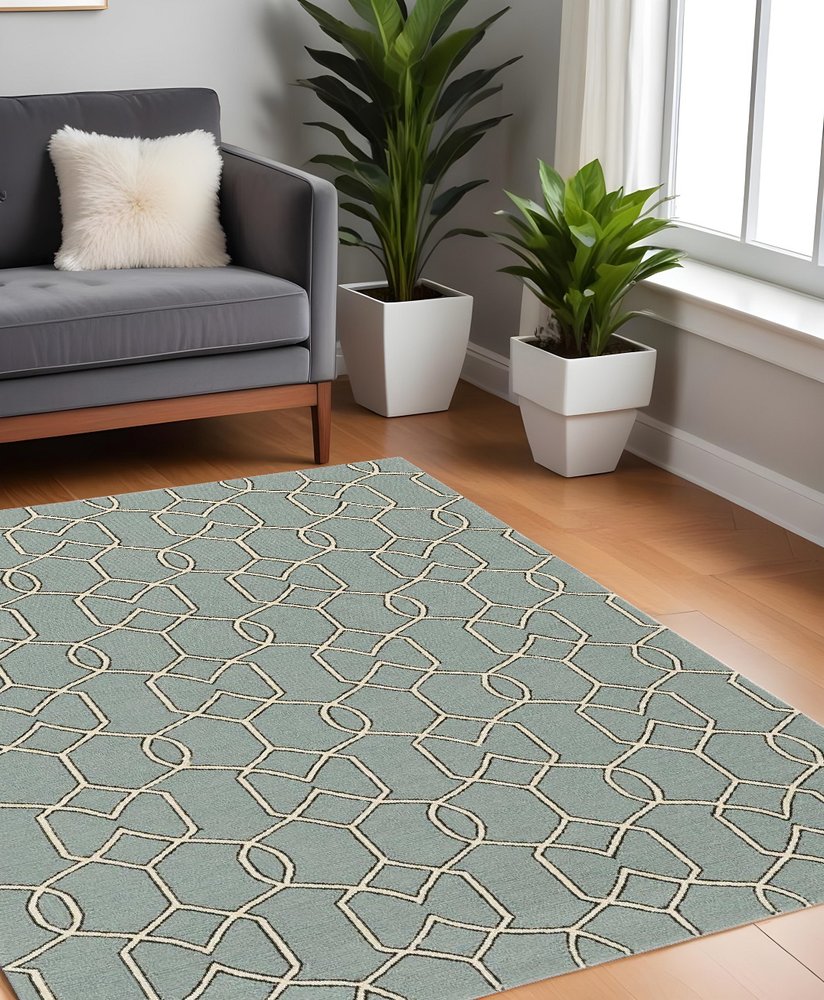 3' X 5' Green And Ivory Geometric Hand Hooked Area Rug