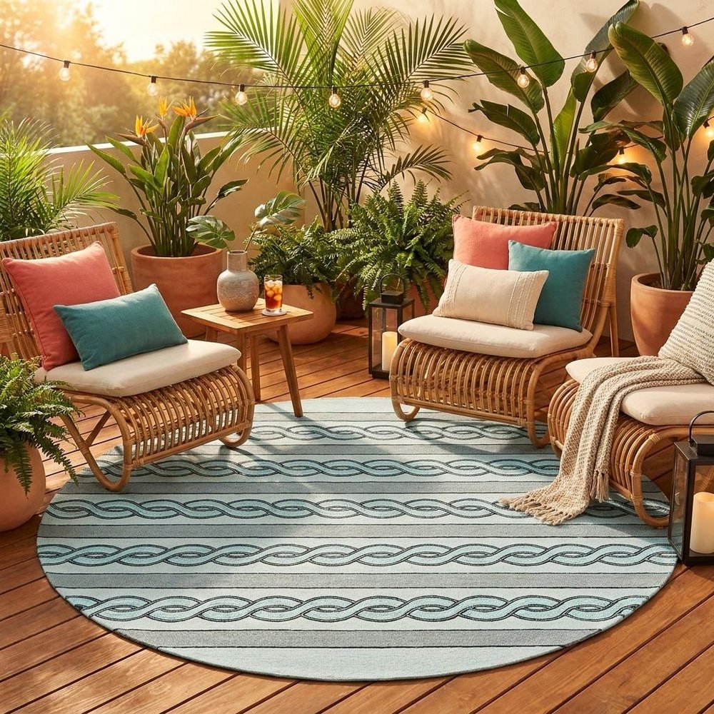 5' X 7' Ivory And Blue Abstract Handmade Indoor Outdoor Area Rug
