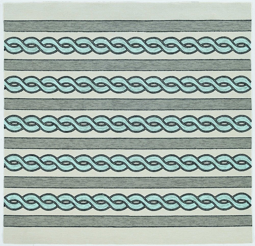 3' X 5' Ivory Light Blue And Gray Geometric Hand Hooked Worn/Fade Area Rug