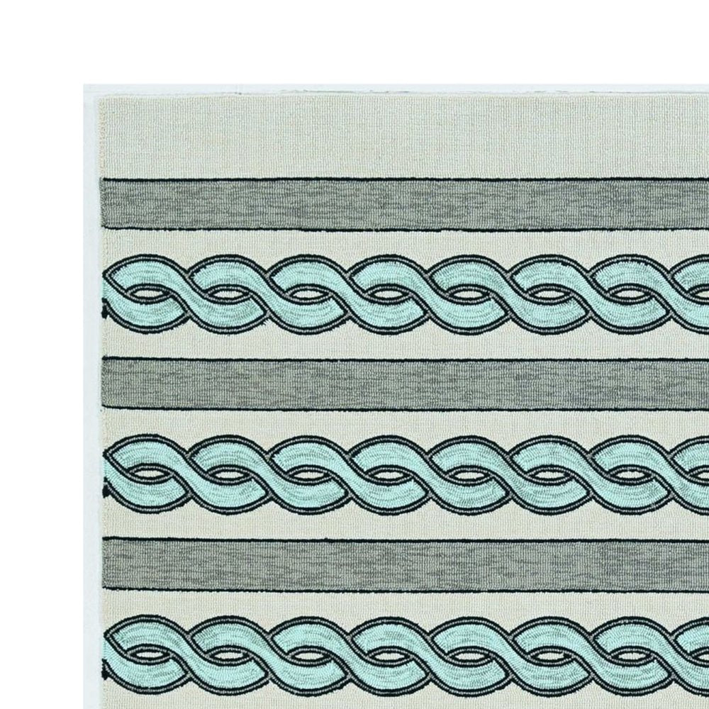 3' X 5' Ivory Light Blue And Gray Geometric Hand Hooked Worn/Fade Area Rug