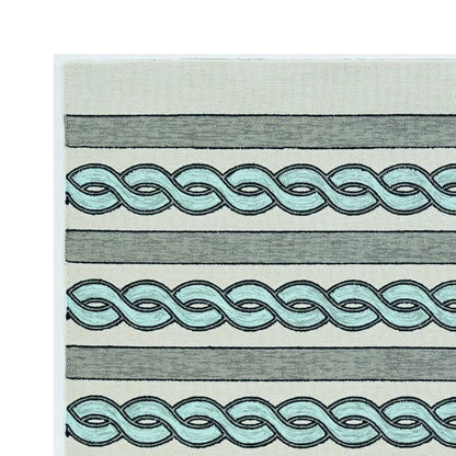 3' X 5' Ivory Light Blue And Gray Geometric Hand Hooked Worn/Fade Area Rug