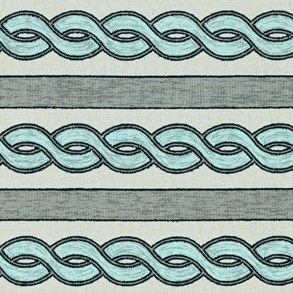 3' X 5' Ivory Light Blue And Gray Geometric Hand Hooked Worn/Fade Area Rug
