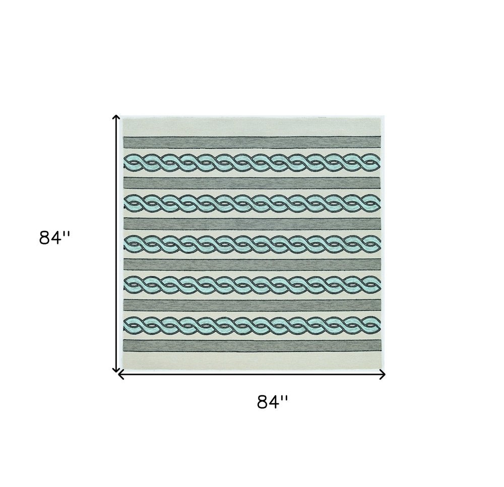 7' X 7' Ivory Light Blue And Gray Geometric Hand Hooked Square Rug