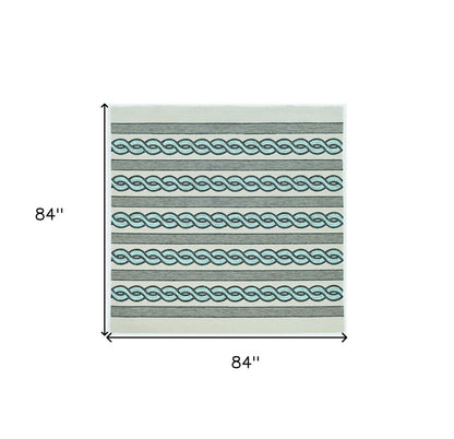 7' X 7' Ivory Light Blue And Gray Geometric Hand Hooked Square Rug