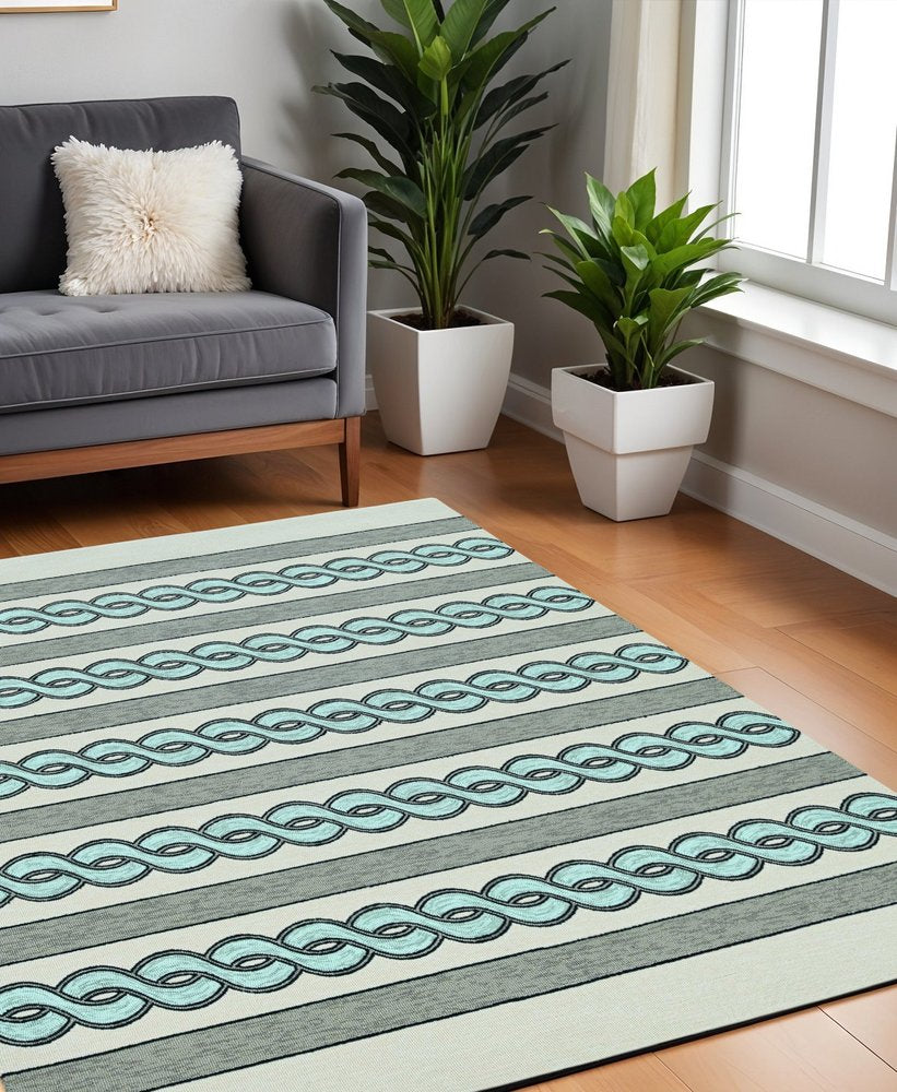3' X 5' Ivory Light Blue And Gray Geometric Hand Hooked Worn/Fade Area Rug