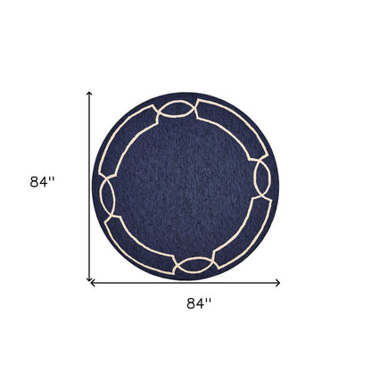 7' Blue And Ivory Round Geometric Handmade Indoor Outdoor Area Rug