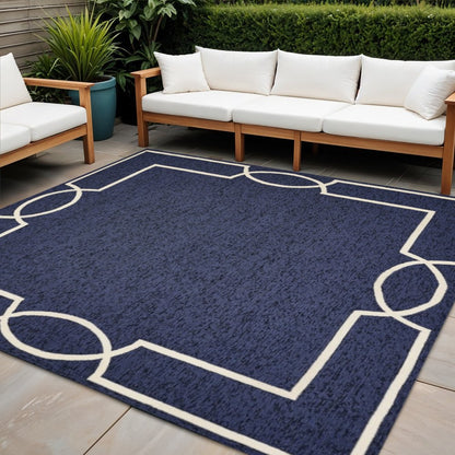 8' X 11' Blue And Ivory Geometric Hand Hooked Area Rug