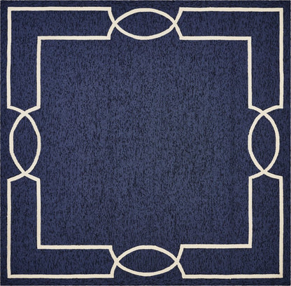 7' X 10' Blue And Ivory Geometric Hand Hooked Area Rug