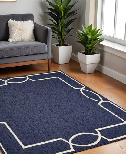 8' X 11' Blue And Ivory Geometric Hand Hooked Area Rug