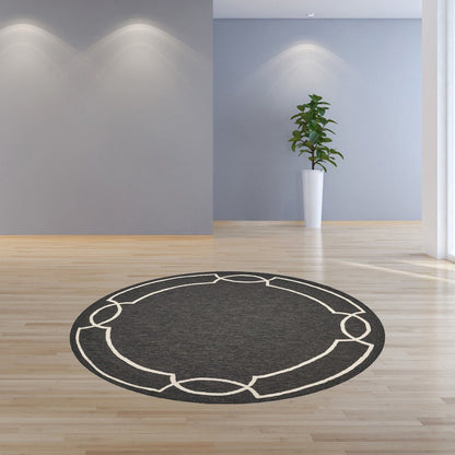 7' Onyx And Ivory Round Geometric Handmade Indoor Outdoor Area Rug