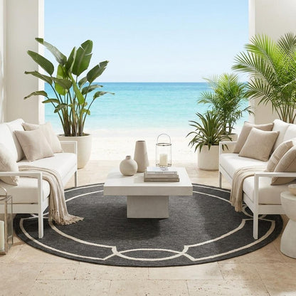 7' Onyx And Ivory Round Geometric Handmade Indoor Outdoor Area Rug