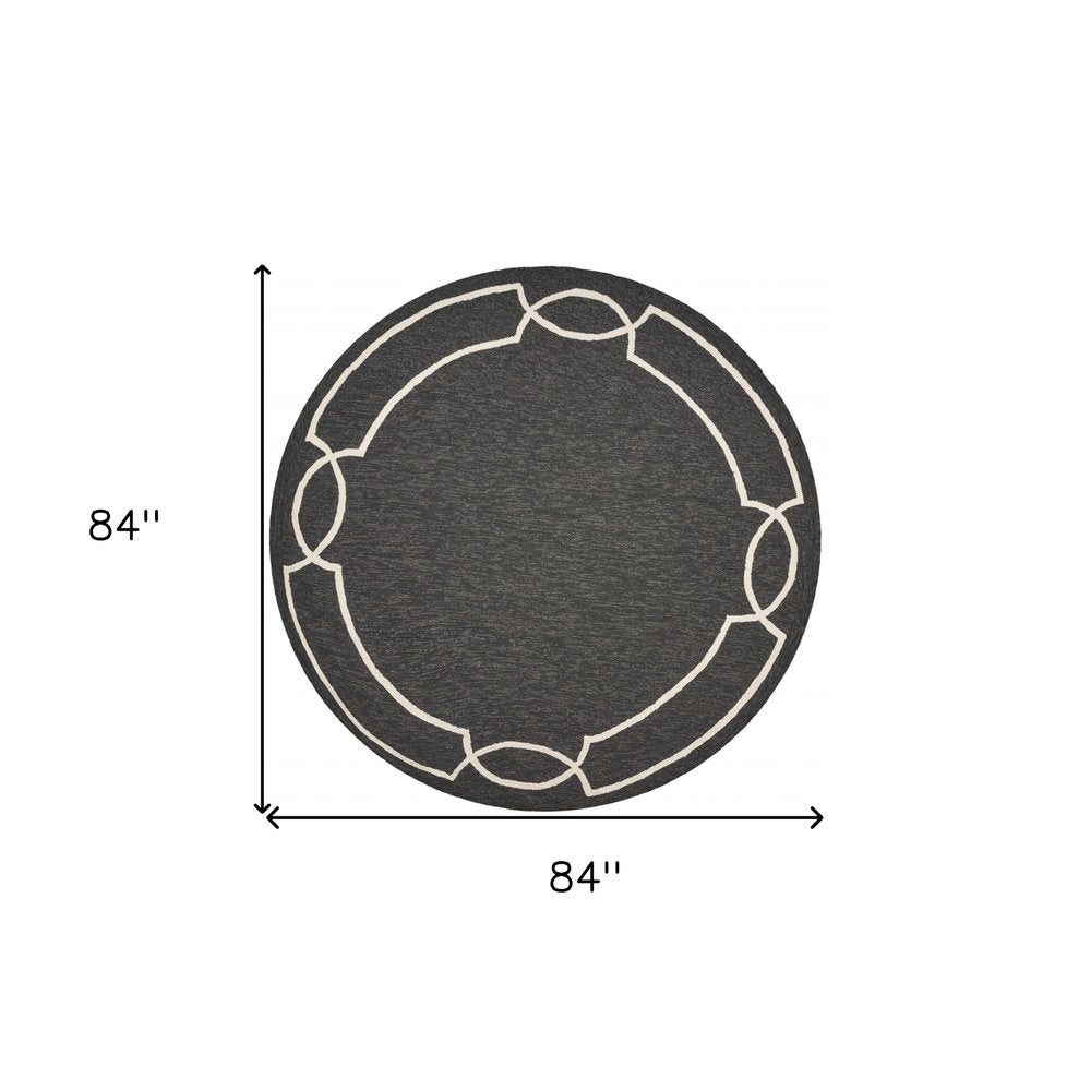 7' Onyx And Ivory Round Geometric Handmade Indoor Outdoor Area Rug