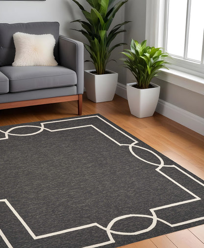 7' X 7' Black Geometric Hand Hooked Area Rug