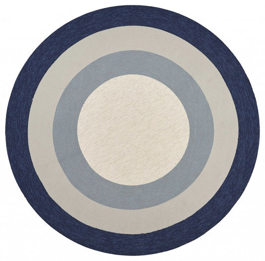 7' Navy Blue Gray And Ivory Round Geometric Handmade Indoor Outdoor Area Rug