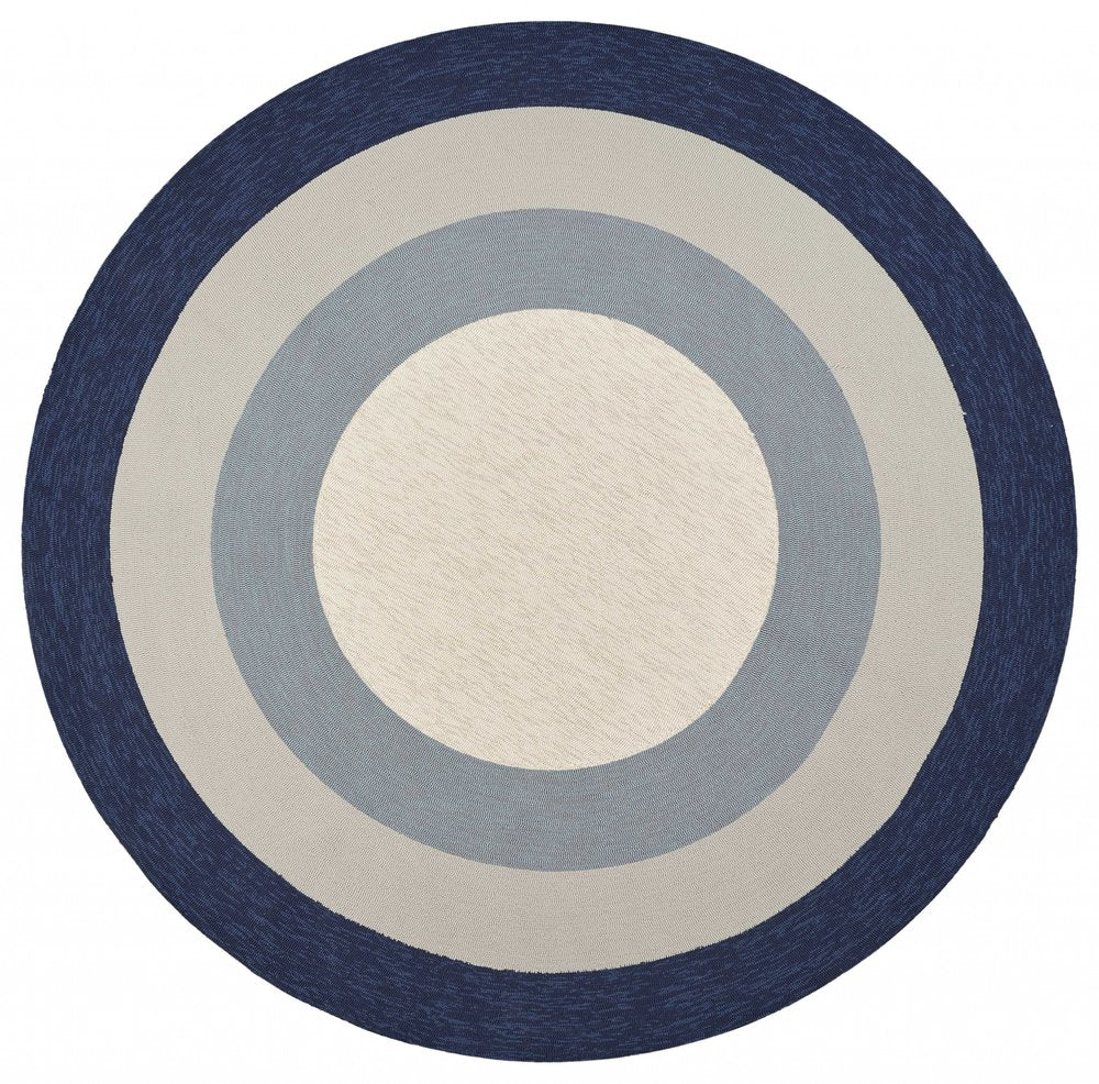 7' Navy Blue Gray And Ivory Round Geometric Handmade Indoor Outdoor Area Rug