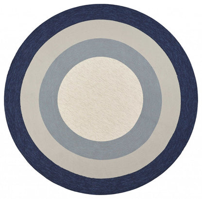 7' Navy Blue Gray And Ivory Round Geometric Handmade Indoor Outdoor Area Rug