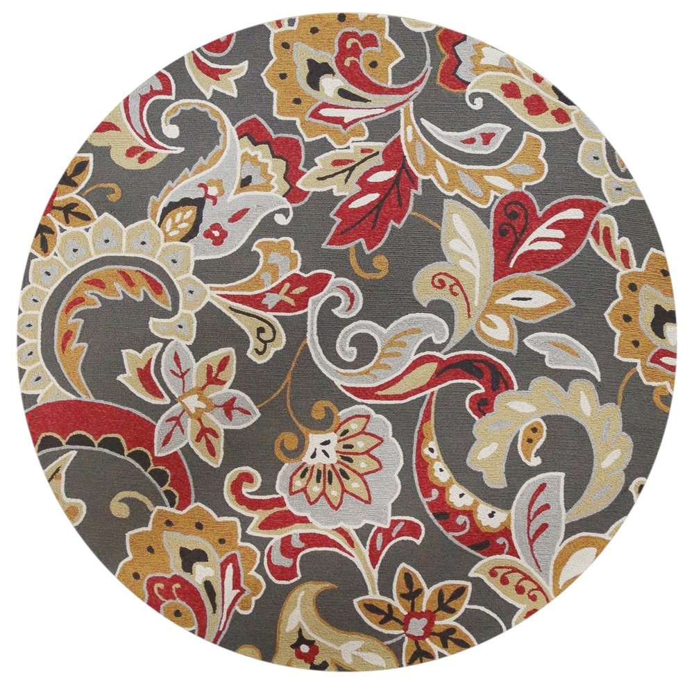 7' Taupe Red And Gray Floral Hand Tufted Round Rug With UV Protection