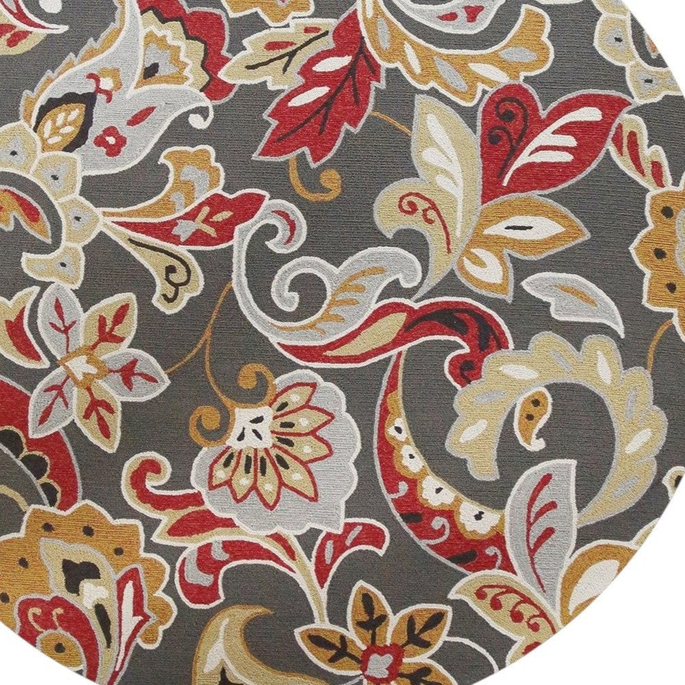 7' Taupe Red And Gray Floral Hand Tufted Round Rug With UV Protection