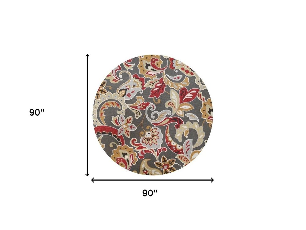 7' Taupe Red And Gray Floral Hand Tufted Round Rug With UV Protection