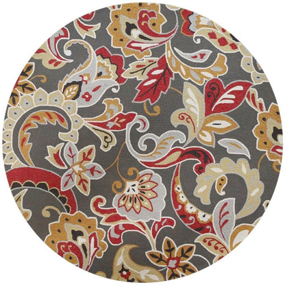 7' Taupe Red And Gray Floral Hand Tufted Round Rug With UV Protection