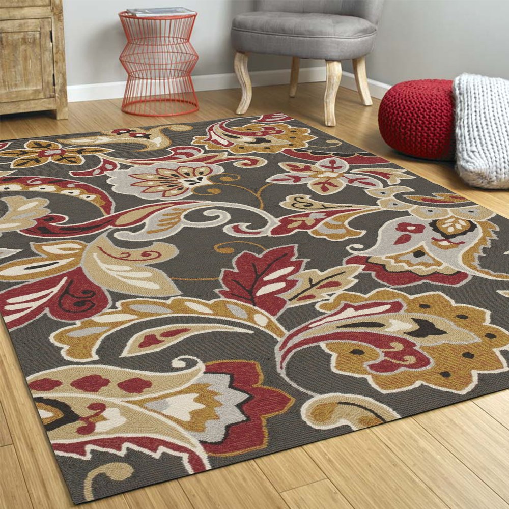 3' X 5' Taupe Red And Gray Floral Hand Tufted Area Rug