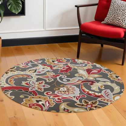 3' X 5' Taupe Red And Gray Floral Hand Tufted Area Rug