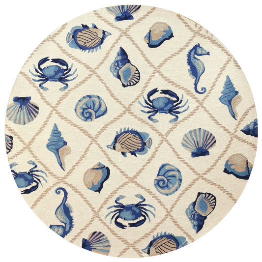 8' Beige Blue And Sand Round Seashell Handmade Indoor Outdoor Area Rug