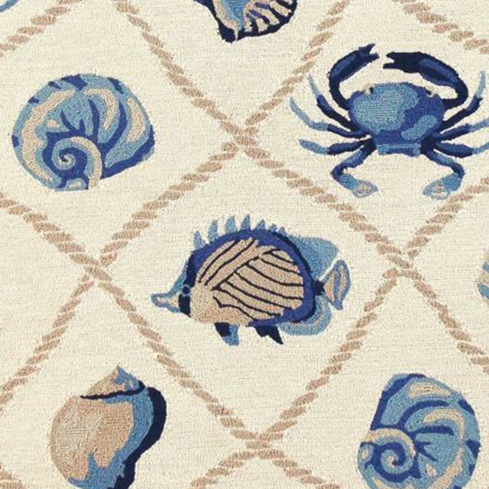 8' Beige Blue And Sand Round Seashell Handmade Indoor Outdoor Area Rug