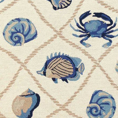 8' Beige Blue And Sand Round Seashell Handmade Indoor Outdoor Area Rug