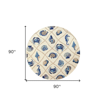 8' Beige Blue And Sand Round Seashell Handmade Indoor Outdoor Area Rug