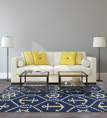 7' Navy Blue Round Nautical Handmade Indoor Outdoor Area Rug