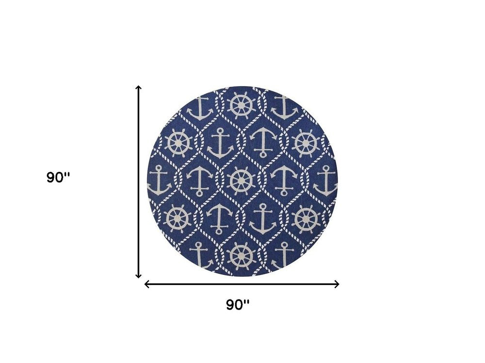 7' Navy Blue Round Nautical Handmade Indoor Outdoor Area Rug