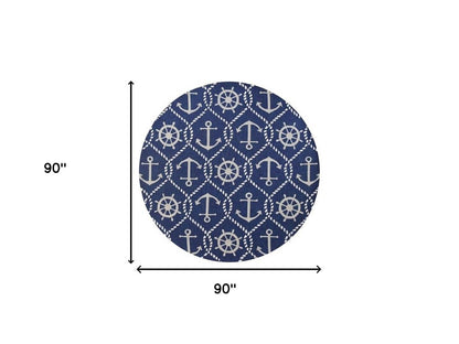 7' Navy Blue Round Nautical Handmade Indoor Outdoor Area Rug