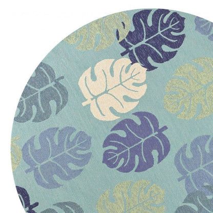 7' Turquoise And Ivory Botanical Leaves Hand Tufted Round Rug