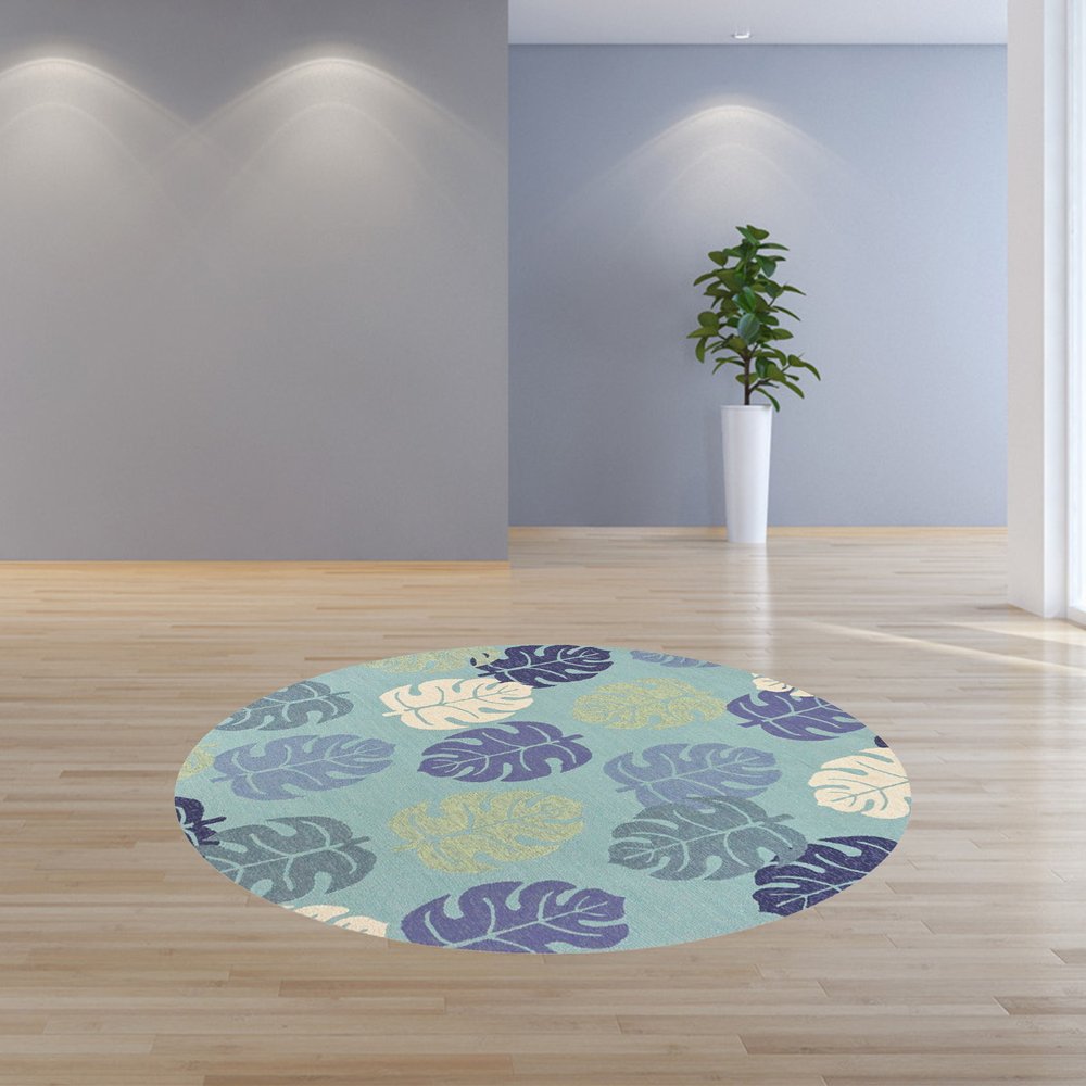 7' Turquoise And Ivory Botanical Leaves Hand Tufted Round Rug
