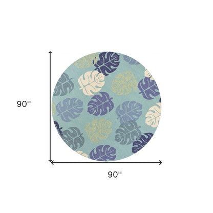 7' Turquoise And Ivory Botanical Leaves Hand Tufted Round Rug