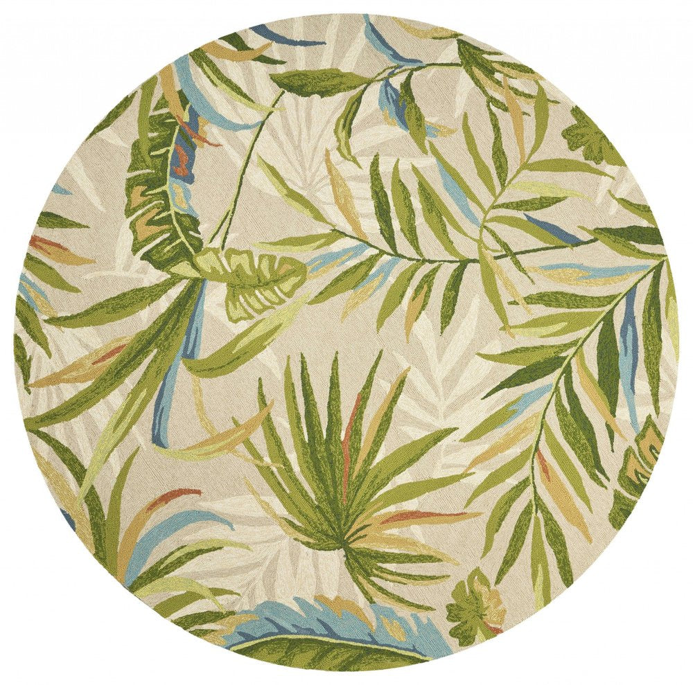 7' Sand Green And Blue Botanical Leaves Hand Tufted Round Rug