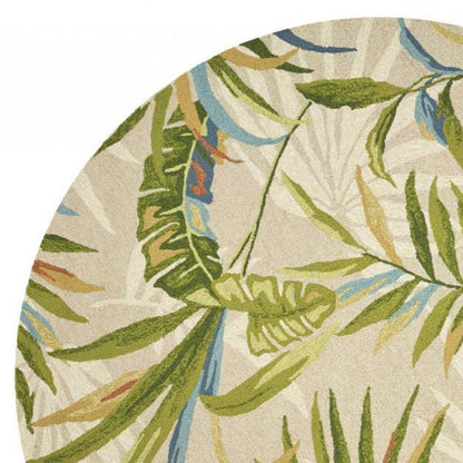 7' Sand Green And Blue Botanical Leaves Hand Tufted Round Rug