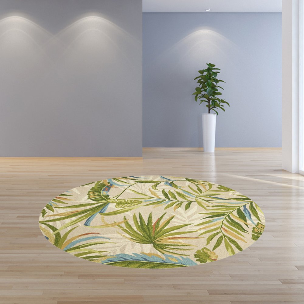7' Sand Green And Blue Botanical Leaves Hand Tufted Round Rug