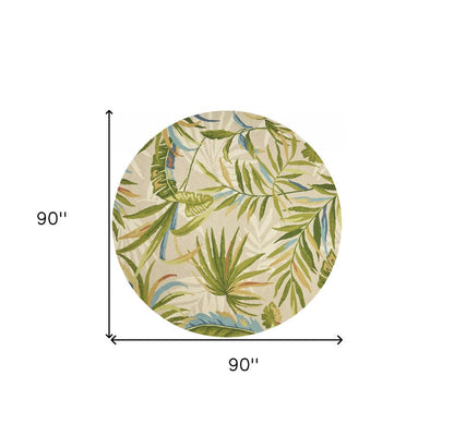 7' Sand Green And Blue Botanical Leaves Hand Tufted Round Rug