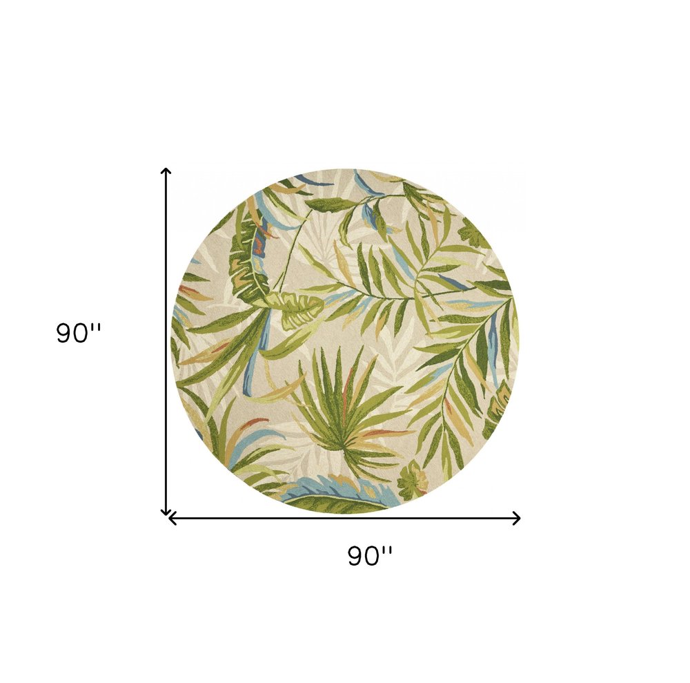 7' Sand Green And Blue Botanical Leaves Hand Tufted Round Rug