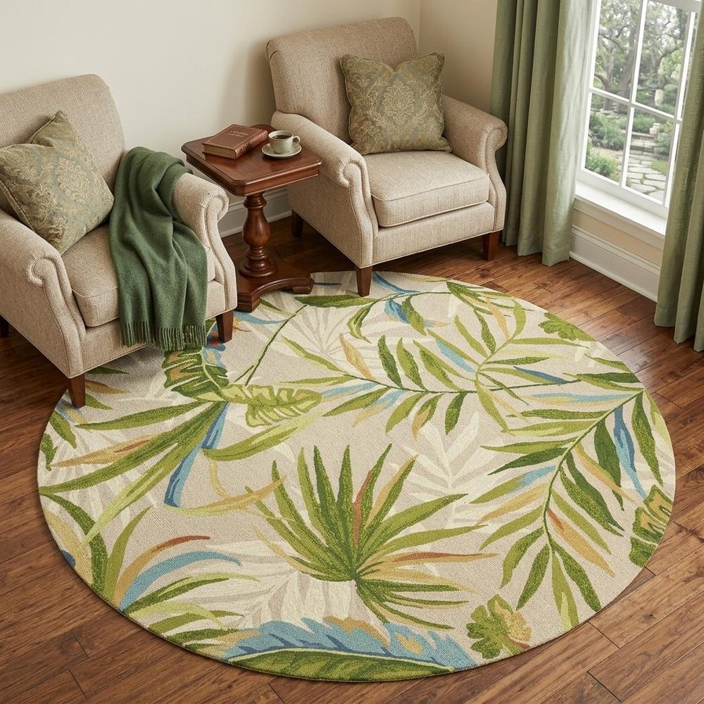 7' Sand Green And Blue Botanical Leaves Hand Tufted Round Rug