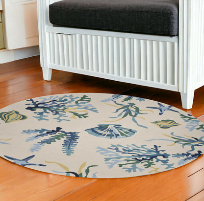 3' X 5' Ivory and Blue Seashell and Coral Hand Tufted Area Rug