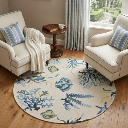 7' Round Uv Treated Polypropylene Ivory Or Blue Area Rug