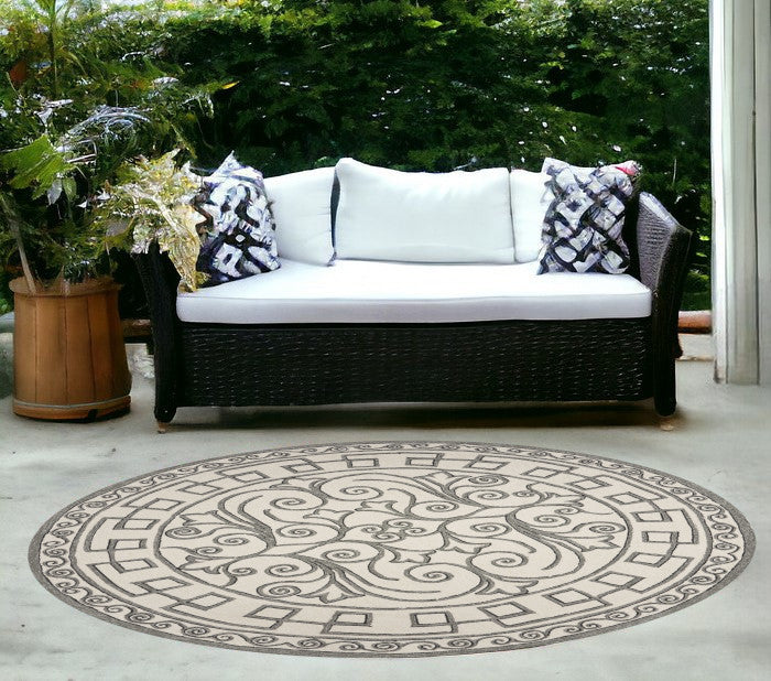 5' X 8' Gray And Ivory Damask Indoor Outdoor Area Rug