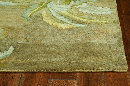 5' Moss Green And Yellow Wool Tropical Botanical Hand Tufted Round Rug