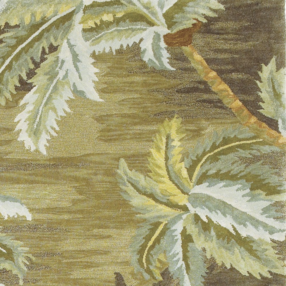 5' Moss Green And Yellow Wool Tropical Botanical Hand Tufted Round Rug