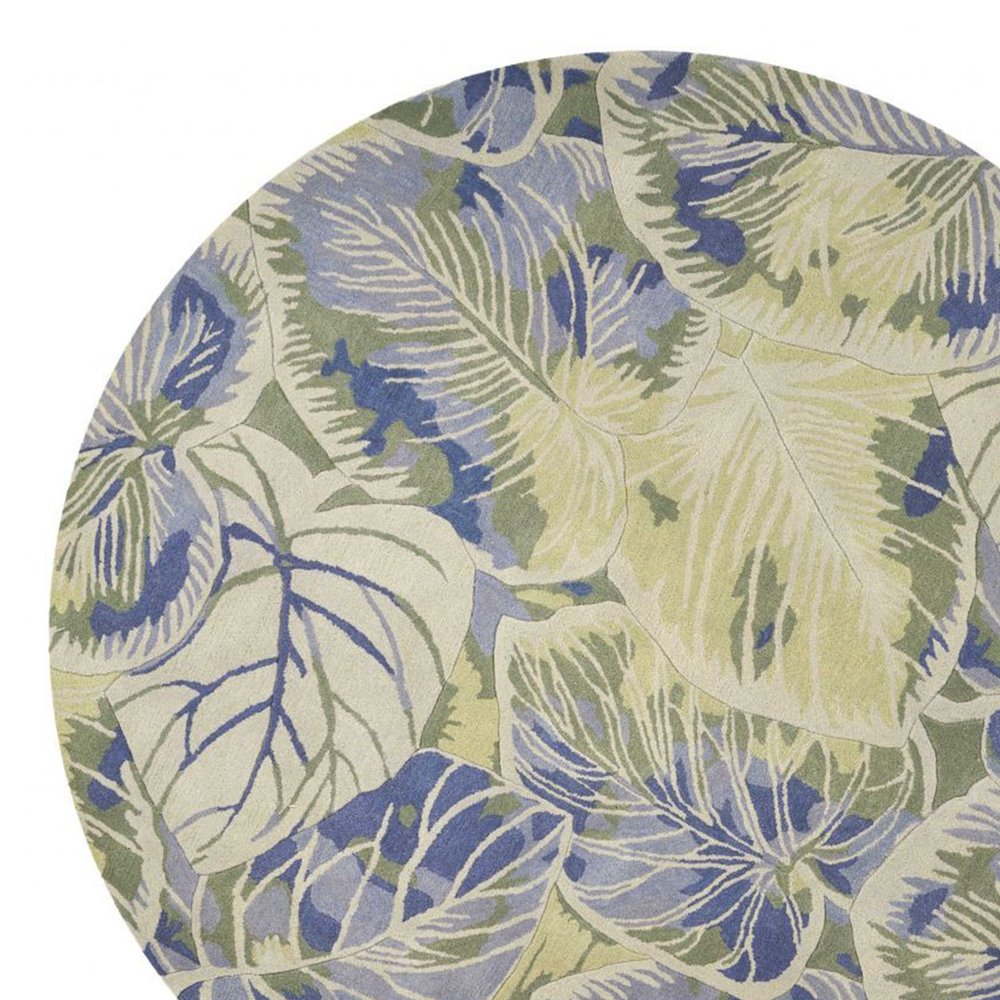 6' Blue Green And Beige Wool Tropical Botanical Hand Tufted Round Rug