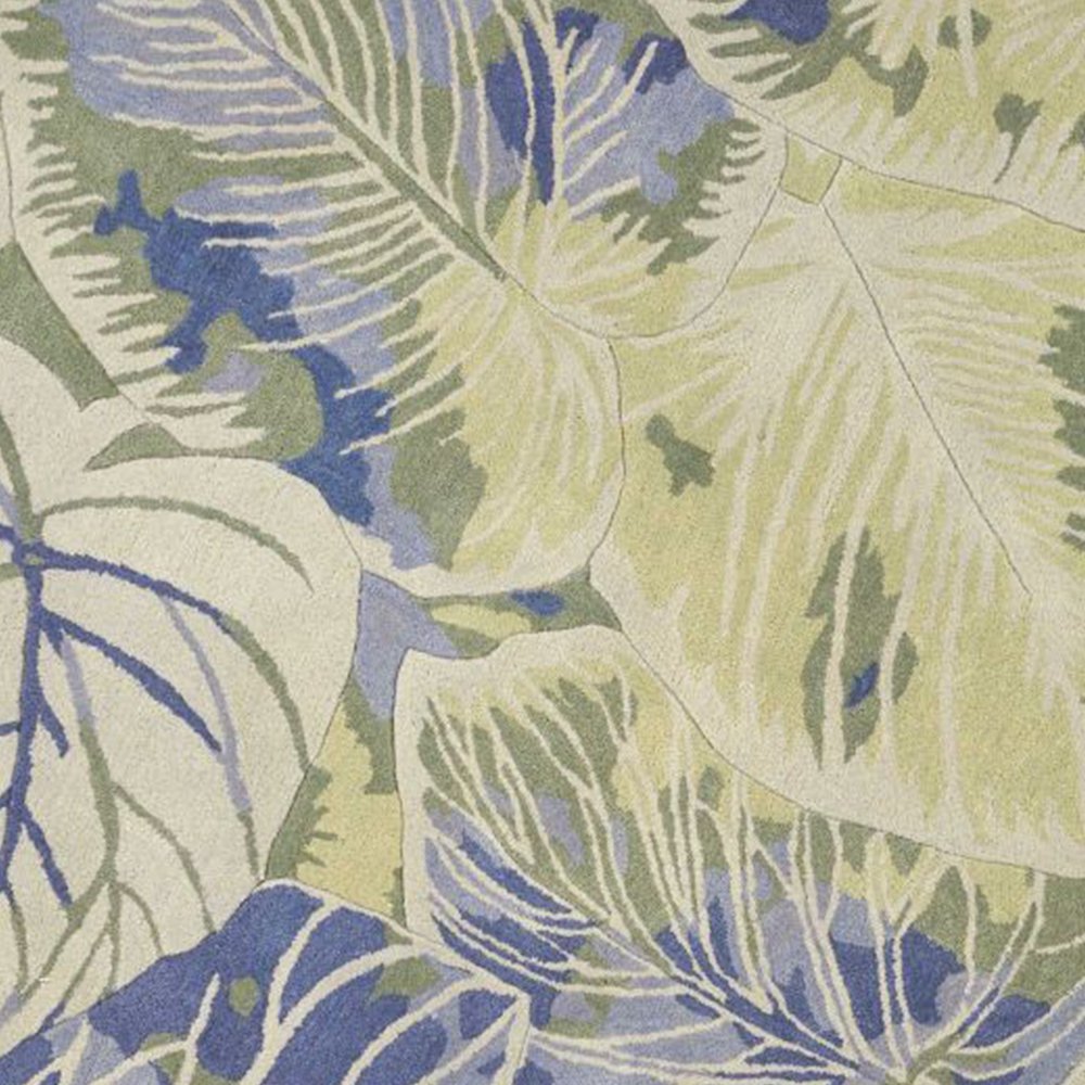 6' Blue Green And Beige Wool Tropical Botanical Hand Tufted Round Rug